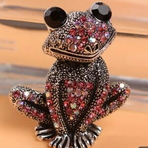 Sparkling Frog Brooch with Pink and Silver Accents